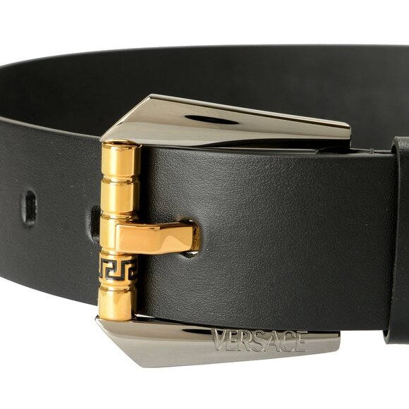 Versace Black Leather Gold Color Metal Logo Studs Decorated Belt US 40 IT 100 - Picture 3 of 6